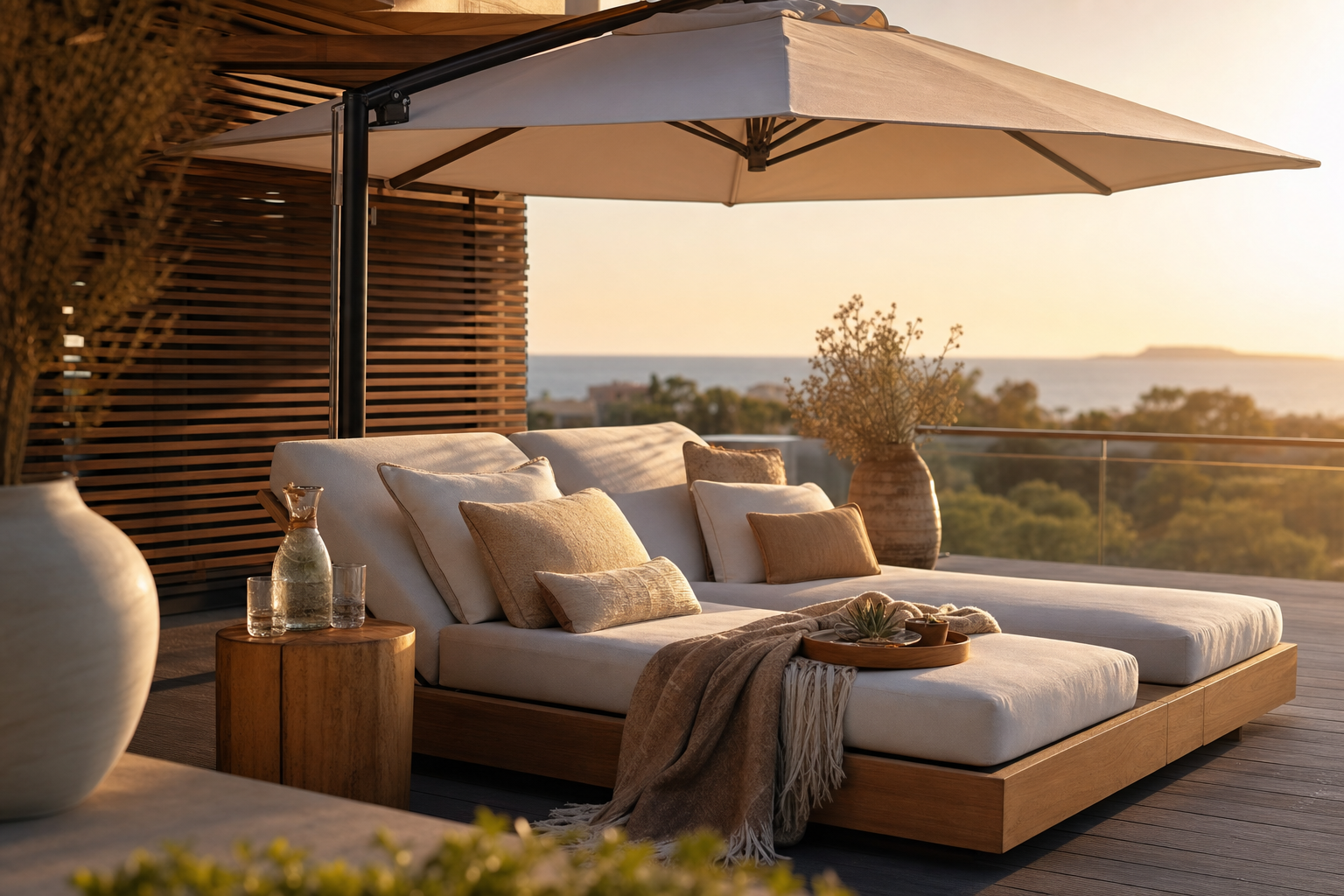 Luxe loungebed styling met kussens en parasol