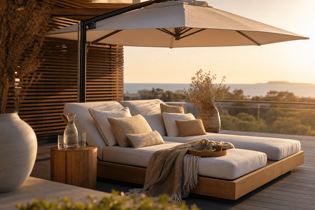Hoe richt je een luxe loungebed-stylinghoek in met kussens, parasol en accessoires voor maximale comfort en&nbsp;uitstraling?