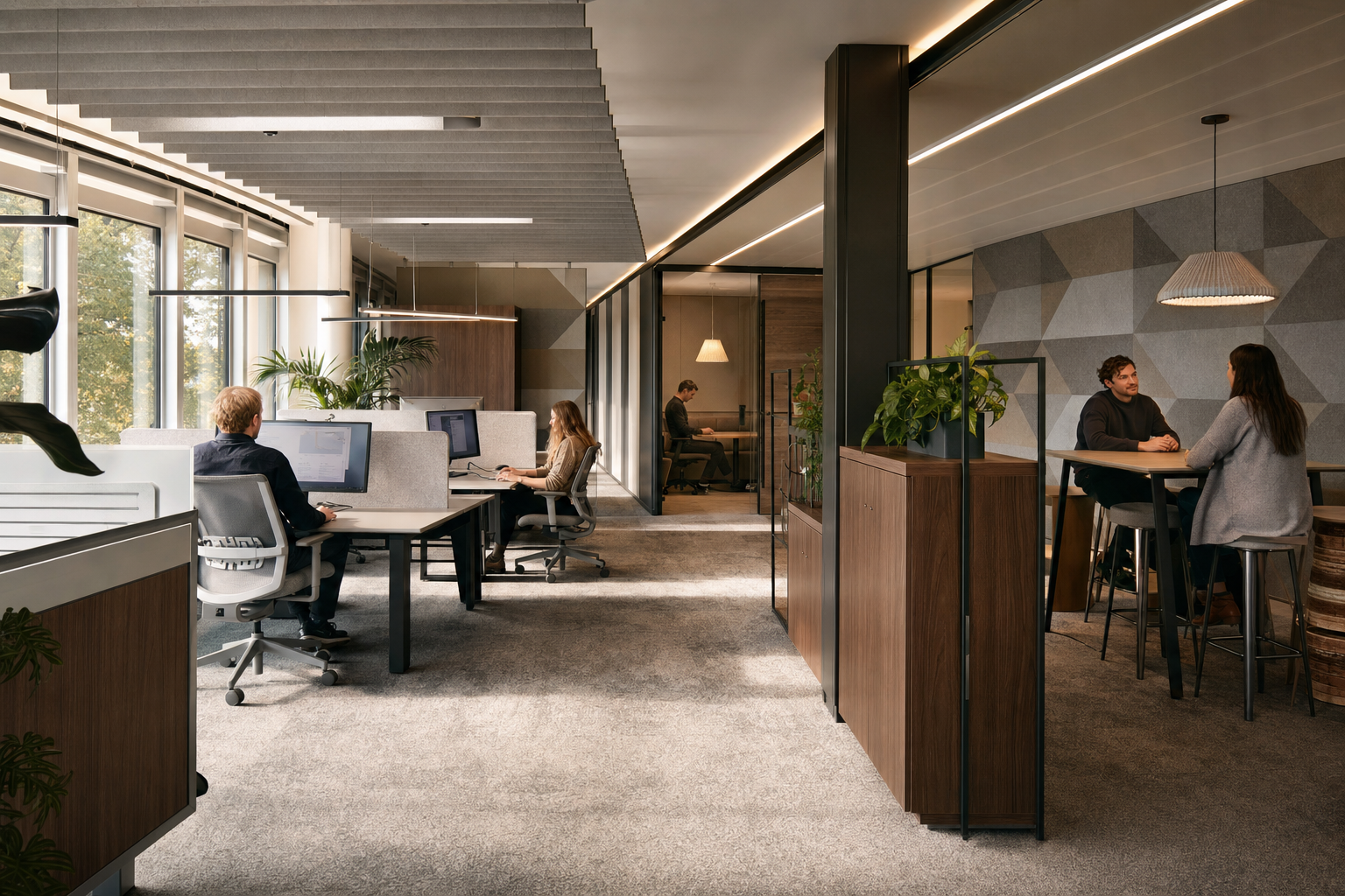 Modern kantoorinterieur met akoestische panelen en ergonomische werkplekken