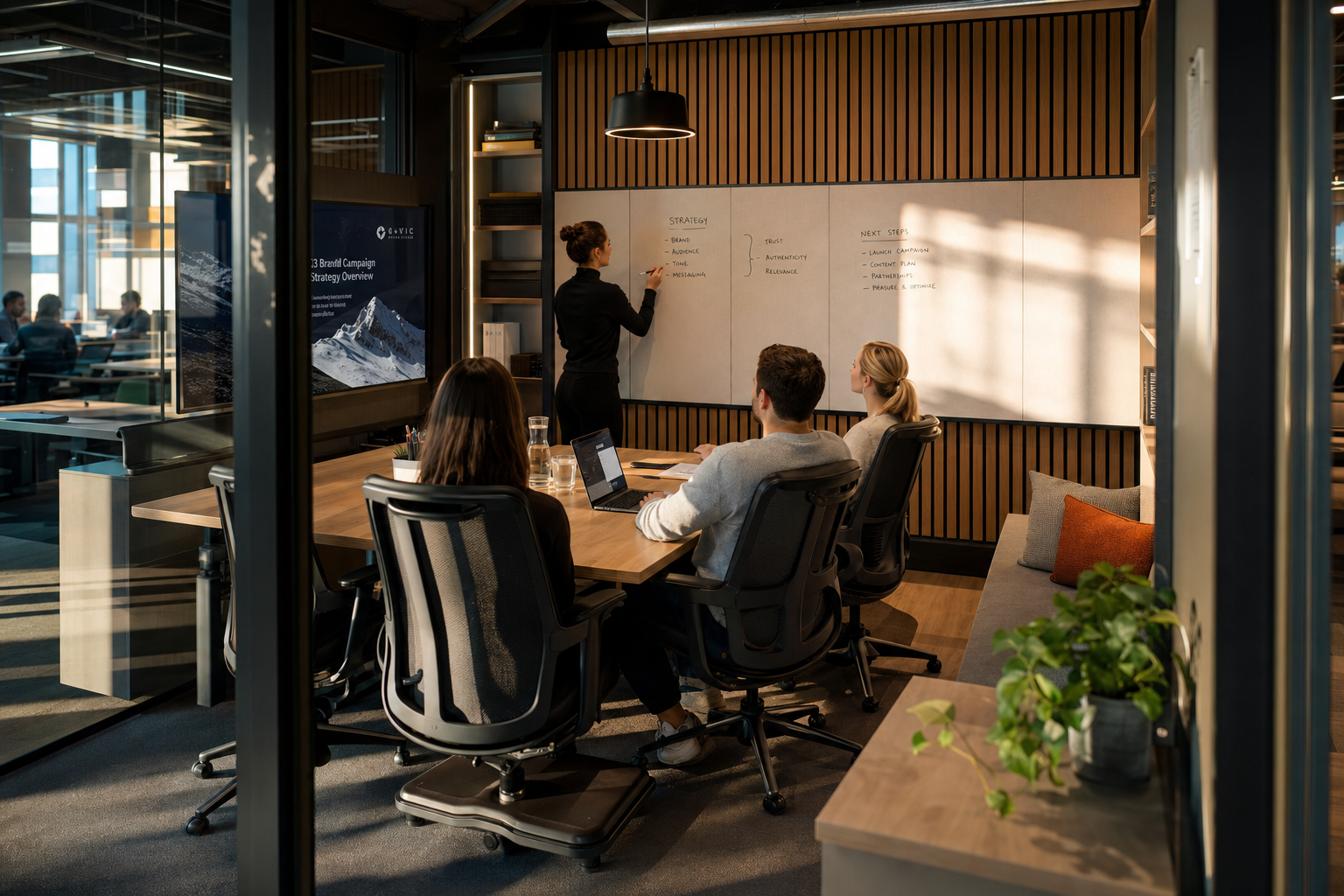 Ergonomische kantoorwerkplek met verstelbaar bureau en merkidentiteit